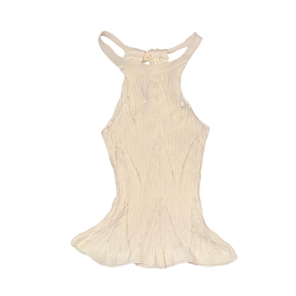 Vintage Style Cream Pointelle Knit Halter Peplum Top | Open Back Tie Accent